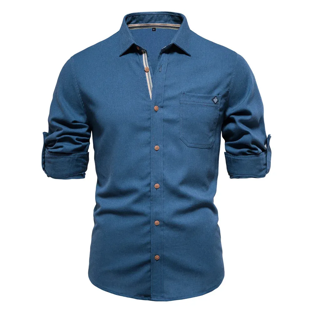 100% Cotton Social Men's Shirts Single Pocket Solid Color Long Sleeve Shirts for Men Turn-down Collar Blouse Spring Men