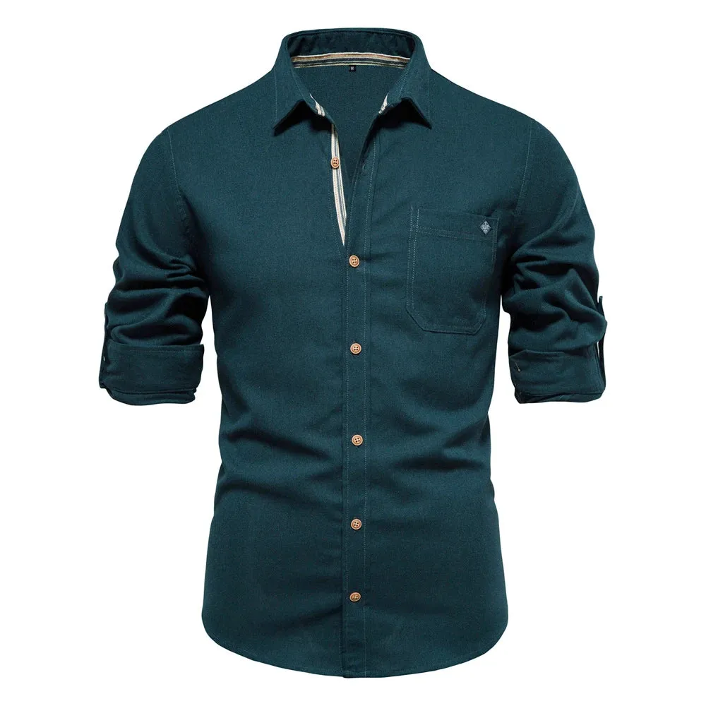 100% Cotton Social Men's Shirts Single Pocket Solid Color Long Sleeve Shirts for Men Turn-down Collar Blouse Spring Men