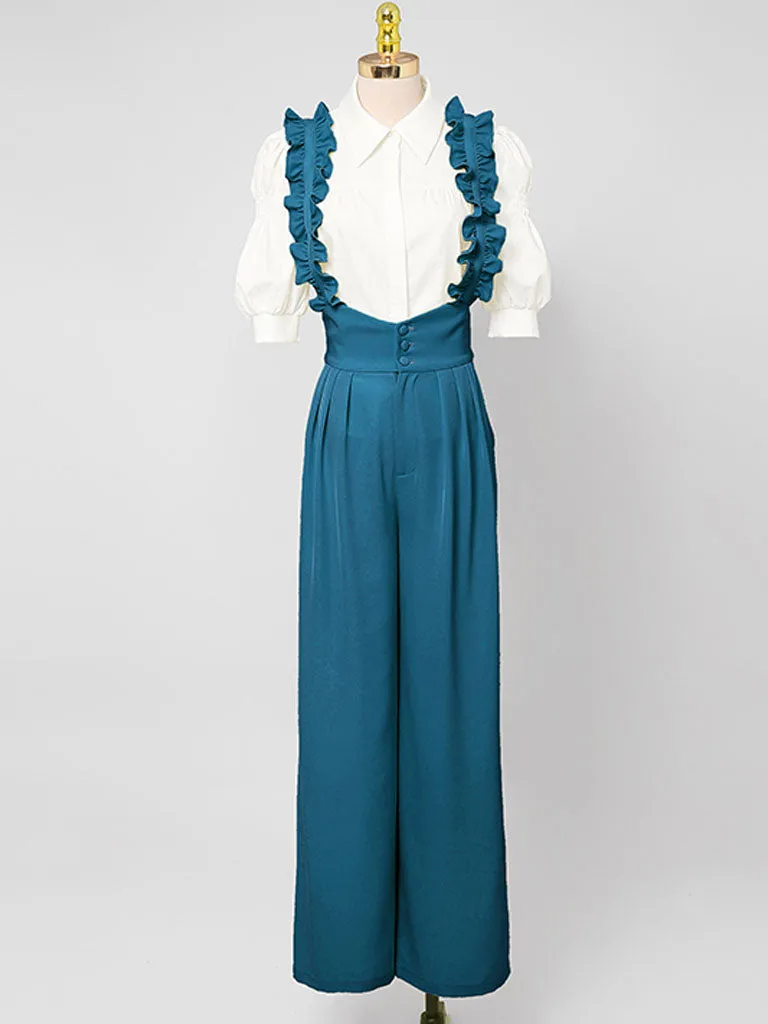 2PS Vintage Top And Blue Ruffles Pant Suit