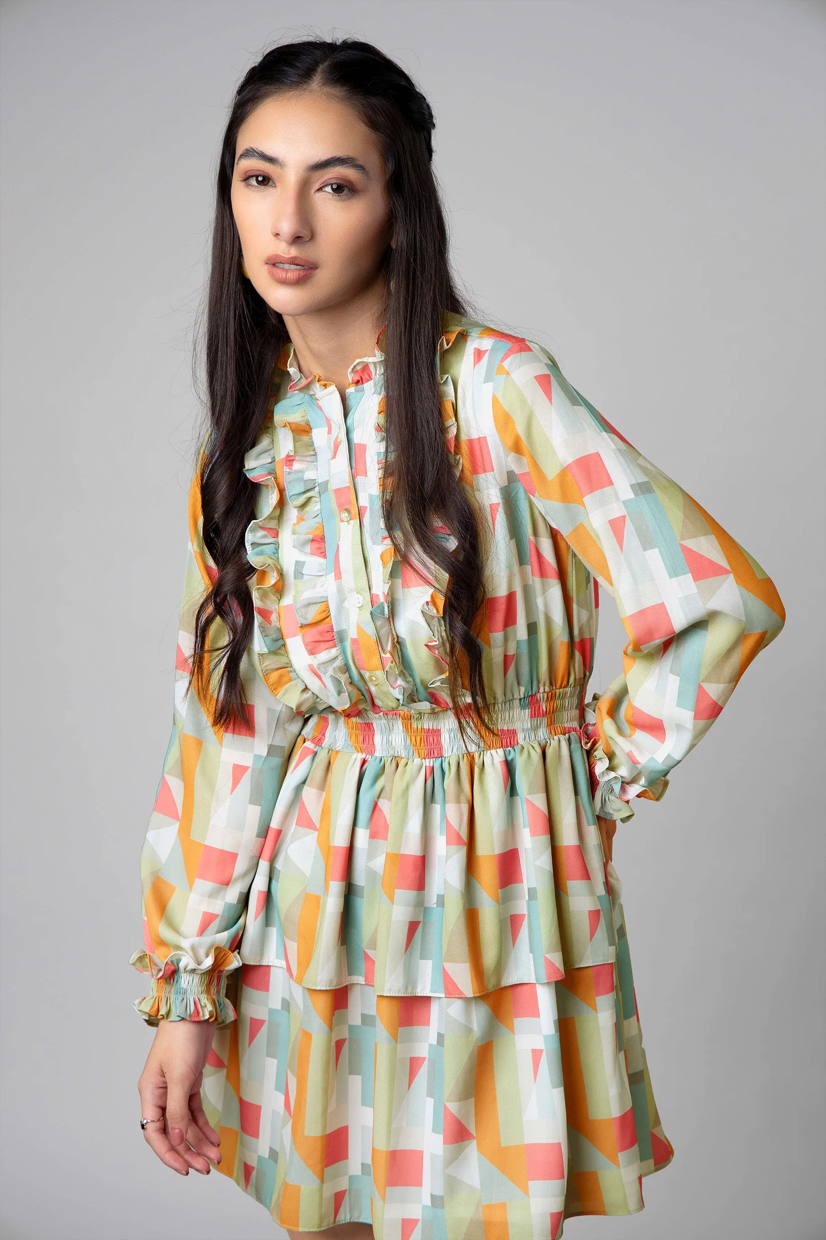 Abstract Ruffle Flounce Sleeve Midi Dress