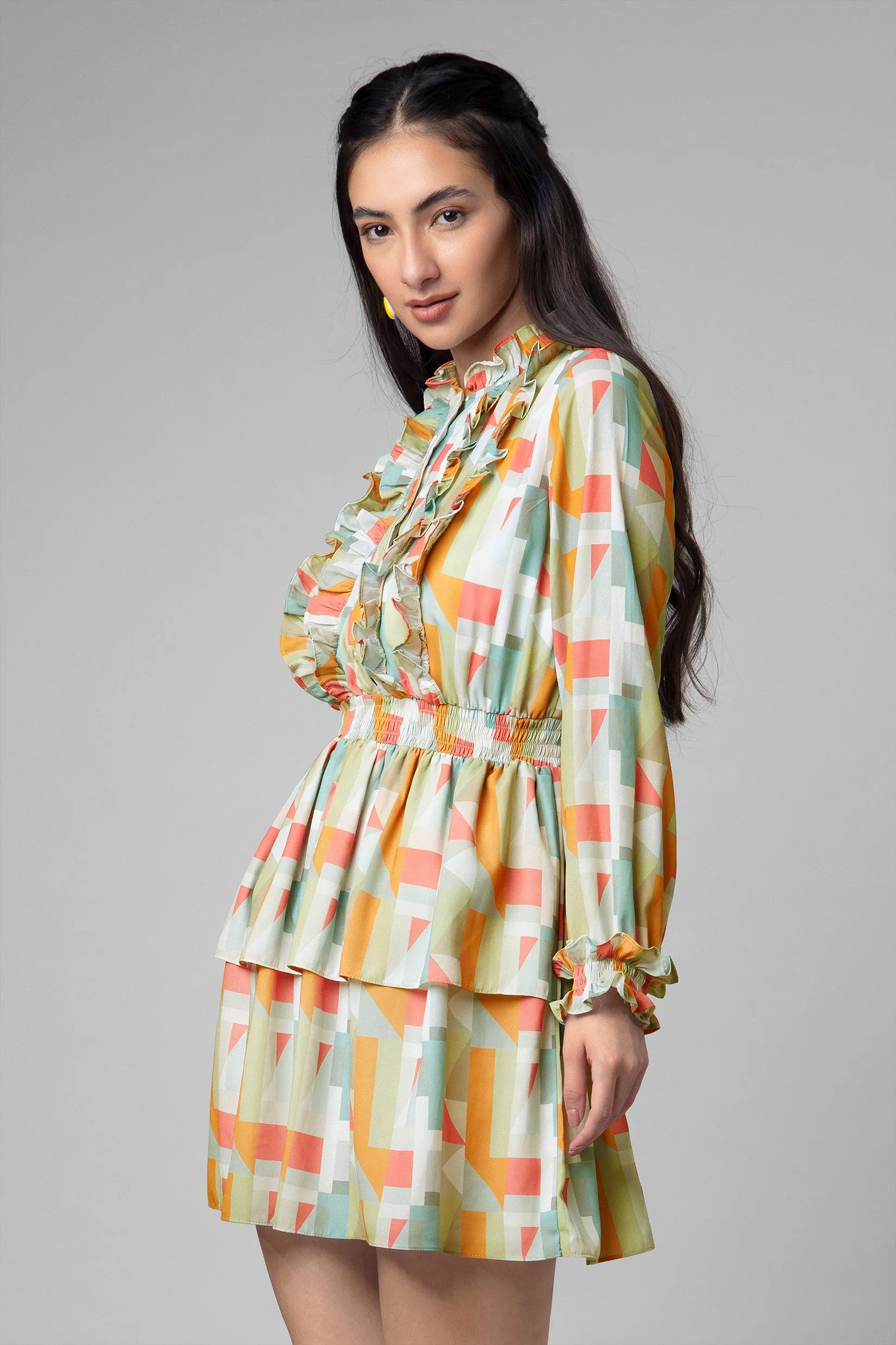 Abstract Ruffle Flounce Sleeve Midi Dress