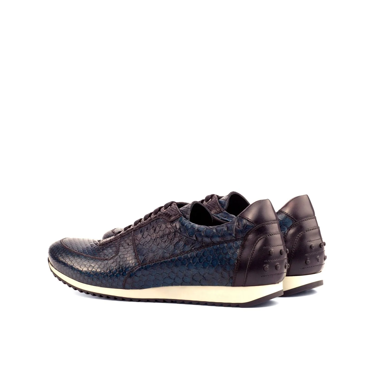 Ambrogio Bespoke Men's Handmade Custom Made Shoes Black & Navy Exotic Snake-Skin / Calf-Skin Leather Corsini Sneakers (AMB1262)