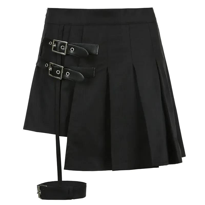 Asymmetrical Punk Style Black Pleated Skirt Buckle Summer High Waist Skirt Women Gothic Clothes Mini Skirts Party Hot