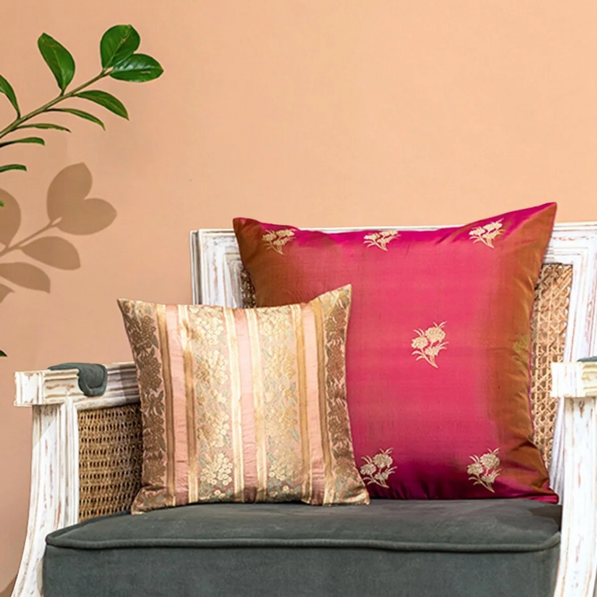 Banaras Silk Cushion Cover in Rose Pink