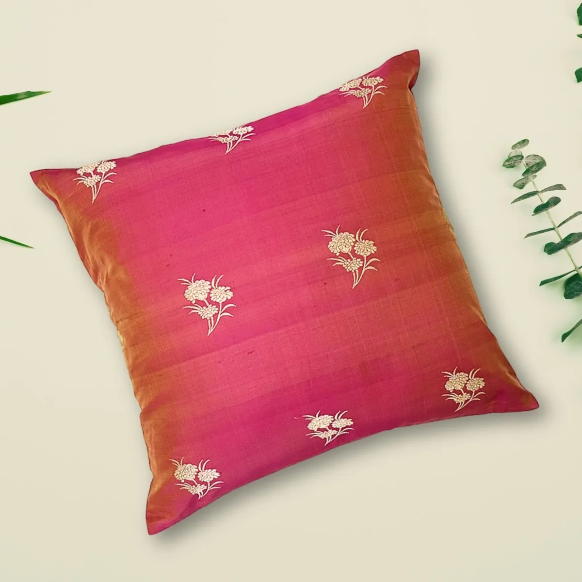 Banaras Silk Cushion Cover in Rose Pink