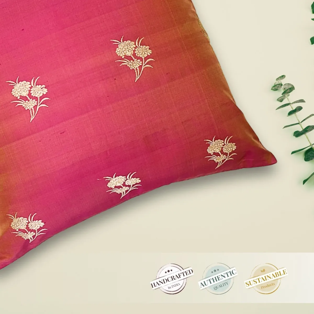 Banaras Silk Cushion Cover in Rose Pink