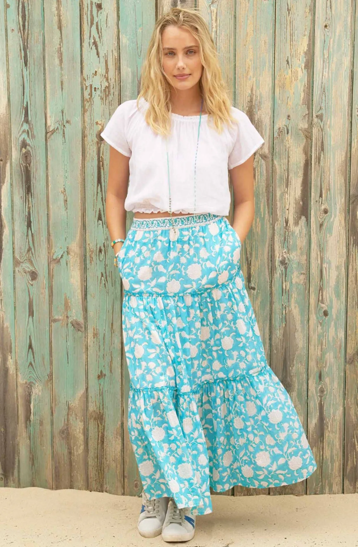 Becks Block Print Skirt | Ornate Flower Turquoise