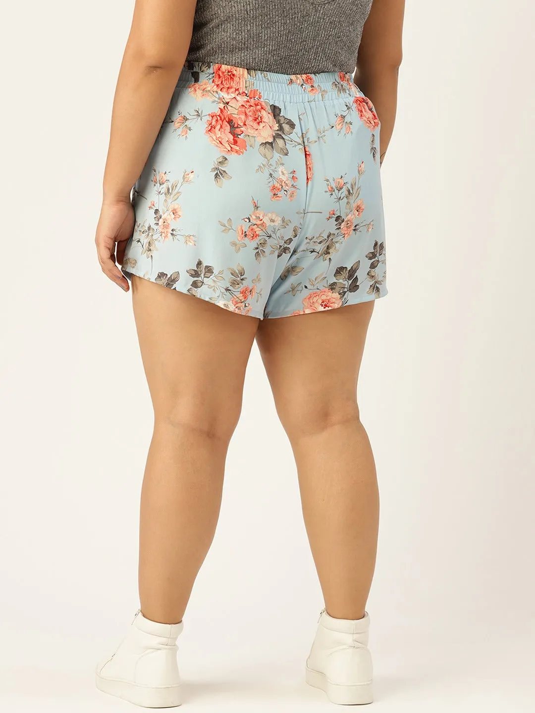 Berrylush Curve Women Blue & Pink Floral Printed High-Rise Shorts