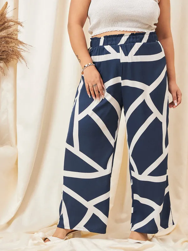 Berrylush Curve Women Navy Blue Printed High-Rise Pleated Parallel Trousers