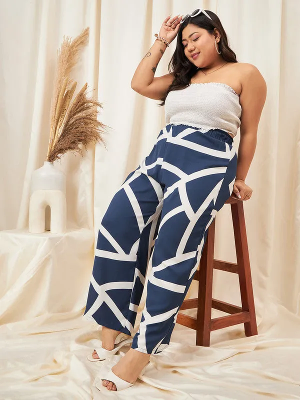 Berrylush Curve Women Navy Blue Printed High-Rise Pleated Parallel Trousers