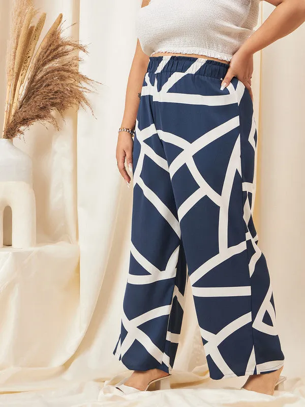 Berrylush Curve Women Navy Blue Printed High-Rise Pleated Parallel Trousers