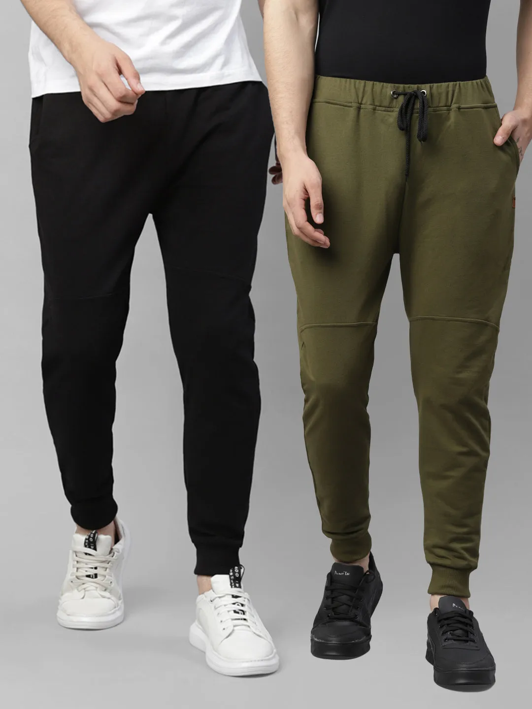 Black and Olive Green Pack of 2 Cut & Sew Ankle Length Regular Fit Terry Jogger