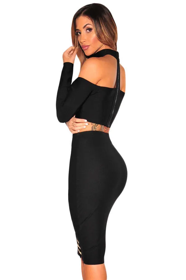 Black Bodycon Slit Chain Midi Skirt