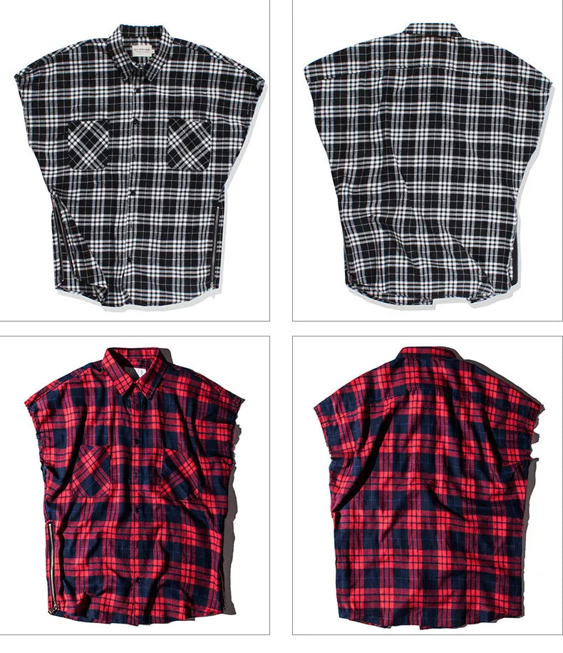 Black check waistcoat zipper shirt for men