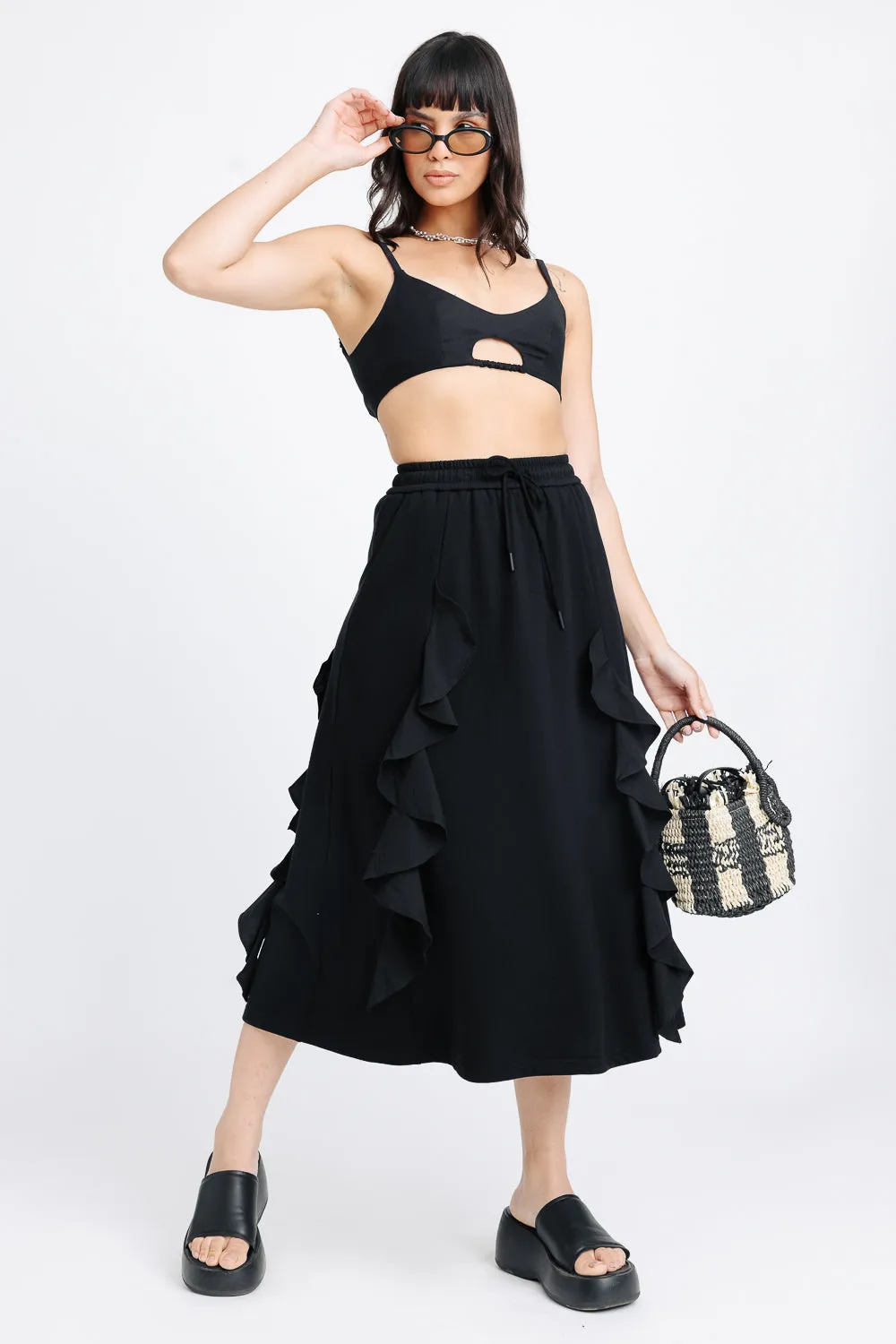 Black Ruffled Midi Skirt