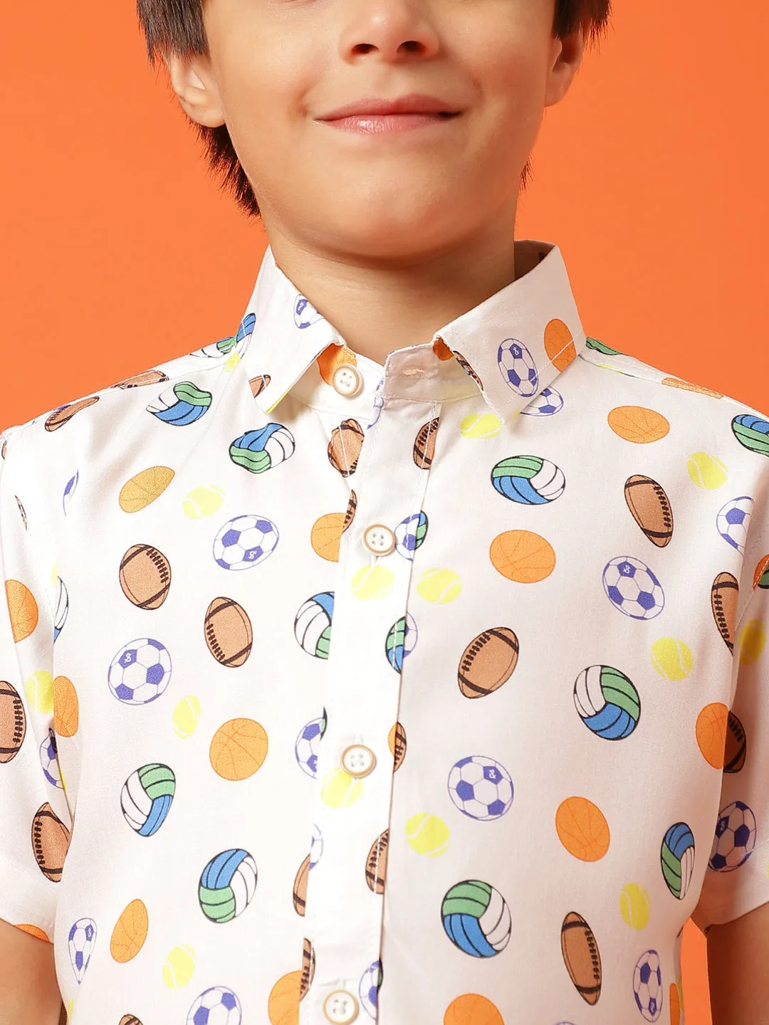 Boys Printed Off-White Rayon Regular Fit Half Sleeve Shirt