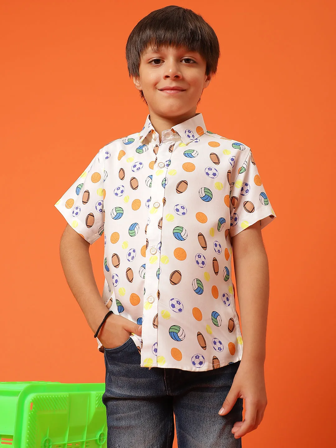 Boys Printed Off-White Rayon Regular Fit Half Sleeve Shirt