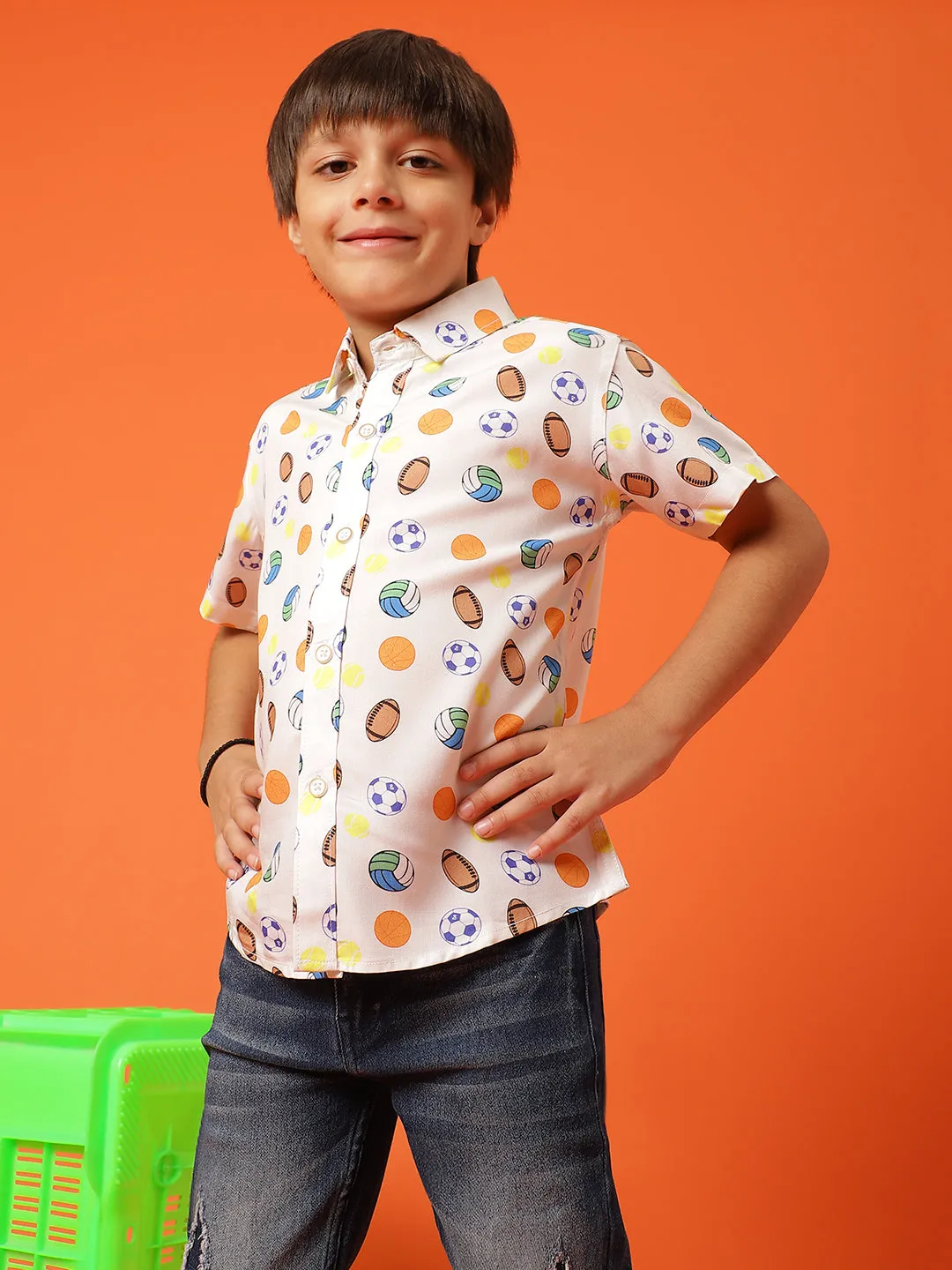 Boys Printed Off-White Rayon Regular Fit Half Sleeve Shirt