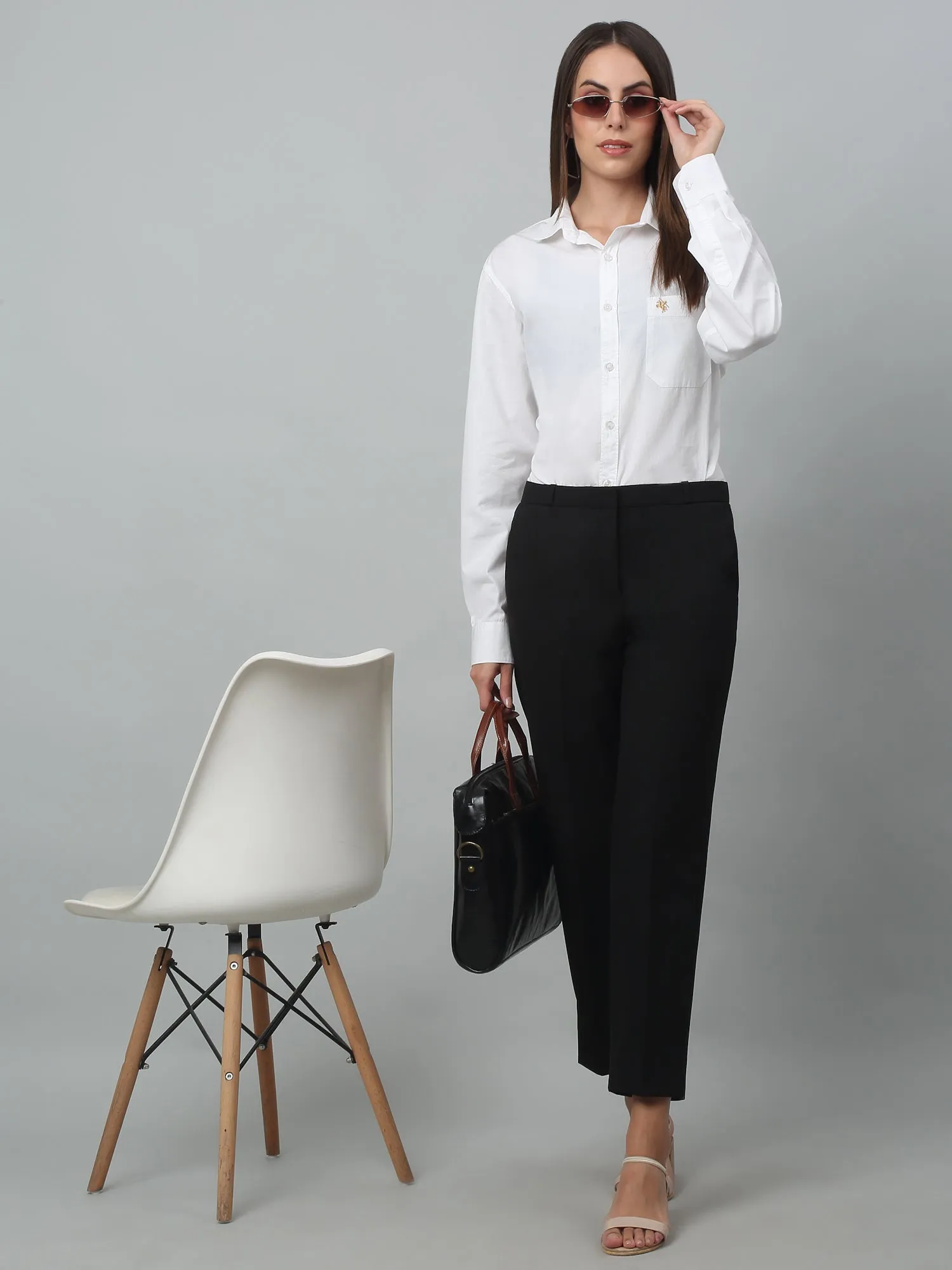 Cantabil Black Solid Lycra Non Pleated High Rise Regular Fit Formal Trousers For Women