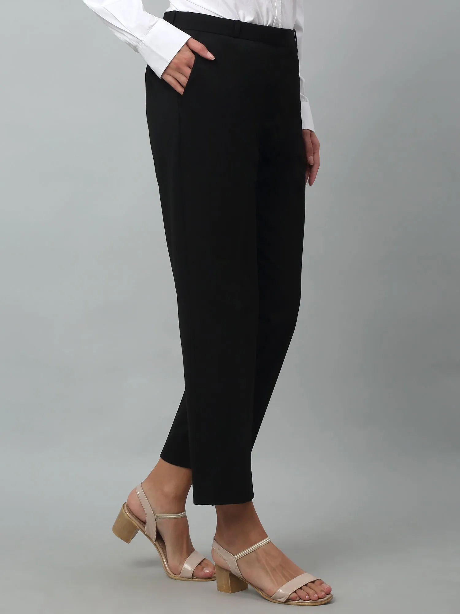 Cantabil Black Solid Lycra Non Pleated High Rise Regular Fit Formal Trousers For Women