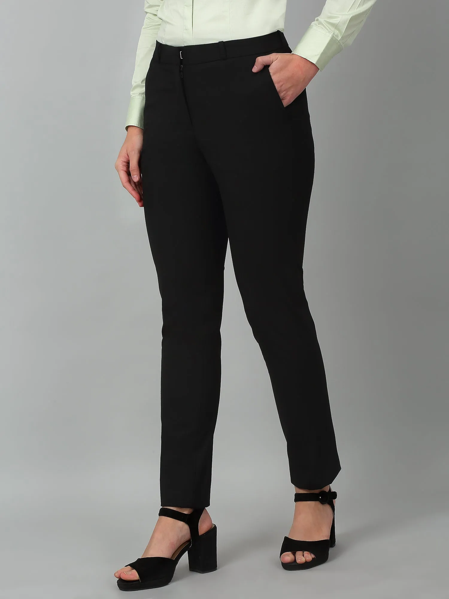 Cantabil Black Solid Non-Pleated Formal Trouser For Women