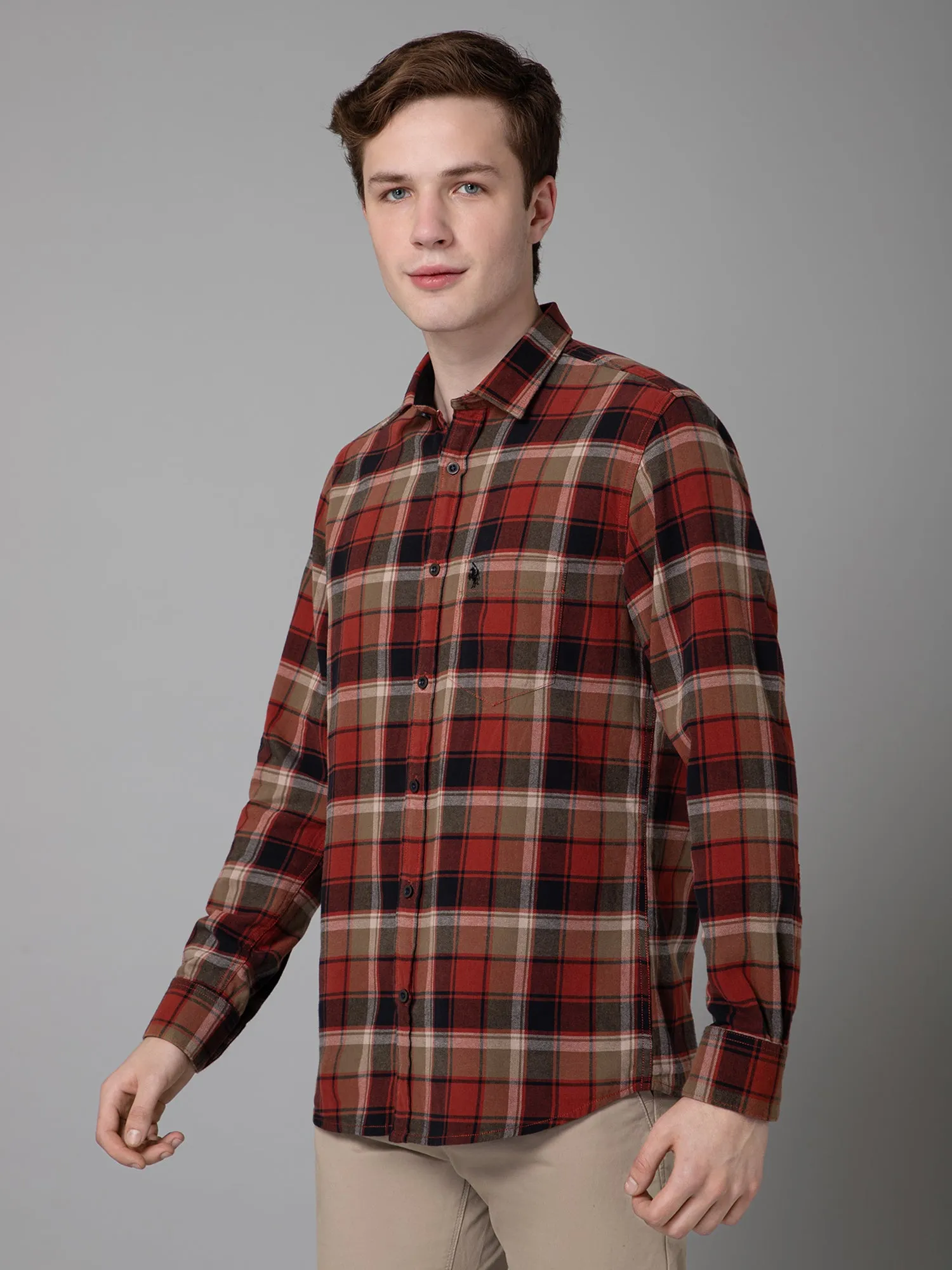 Cantabil Checkered Red Full Sleeve Regular Fit Casual Shirt for Men with Pocket