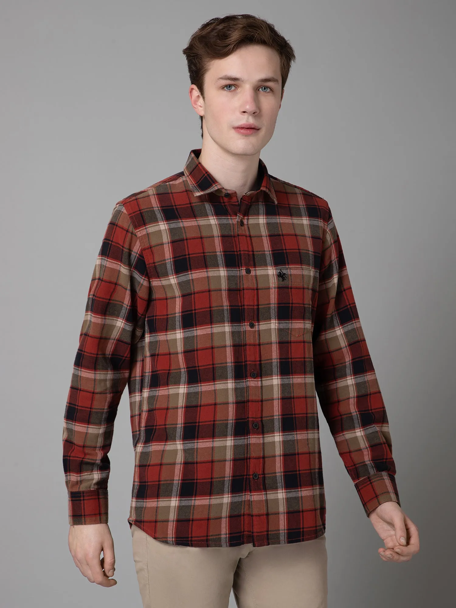 Cantabil Checkered Red Full Sleeve Regular Fit Casual Shirt for Men with Pocket