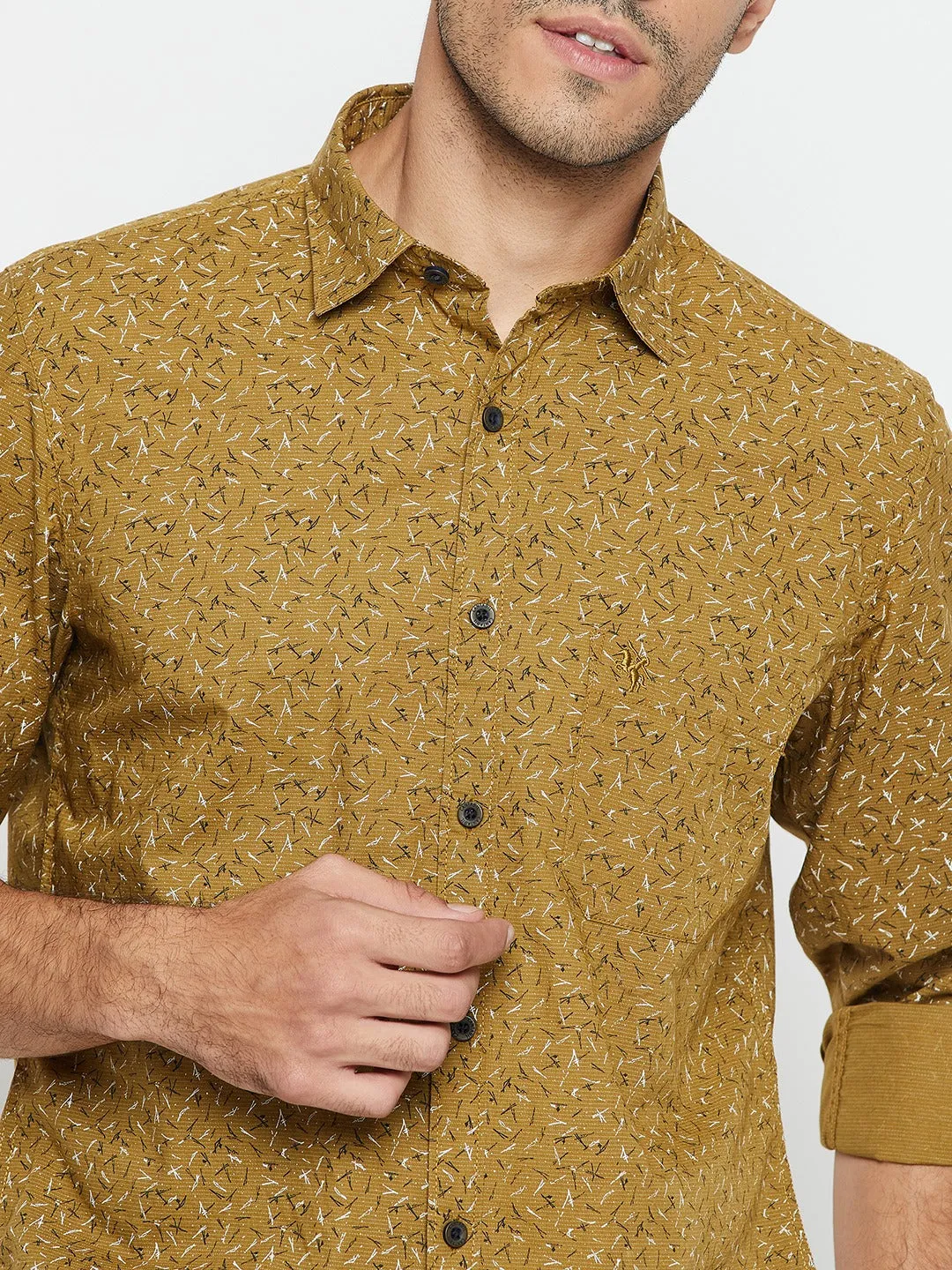 Cantabil Cotton Olive Green Printed Full Sleeve Regular Fit Casual Shirt for Men with Pocket