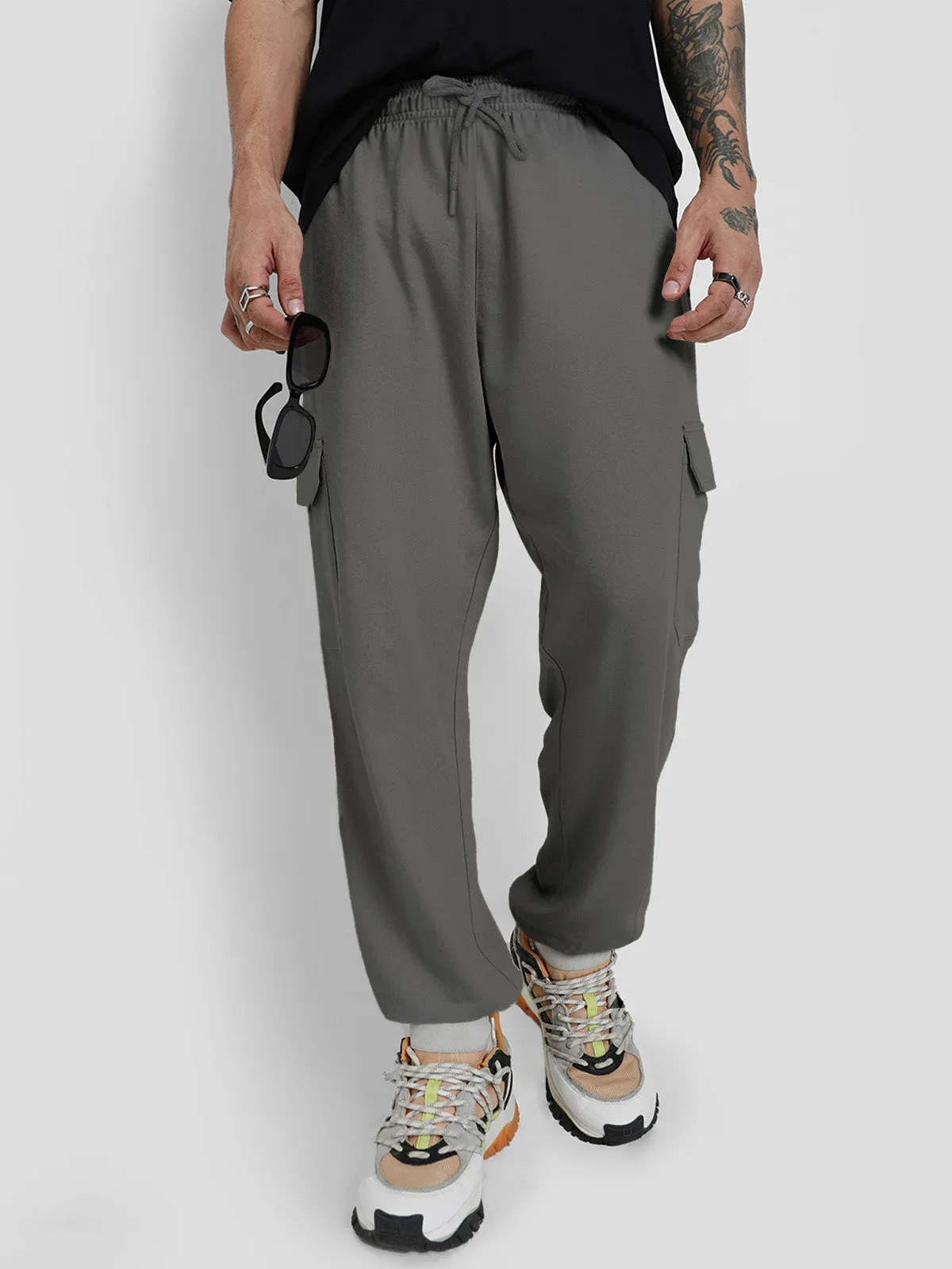 Charcoal Grey Solid Baggy Fit Cargo Joggers