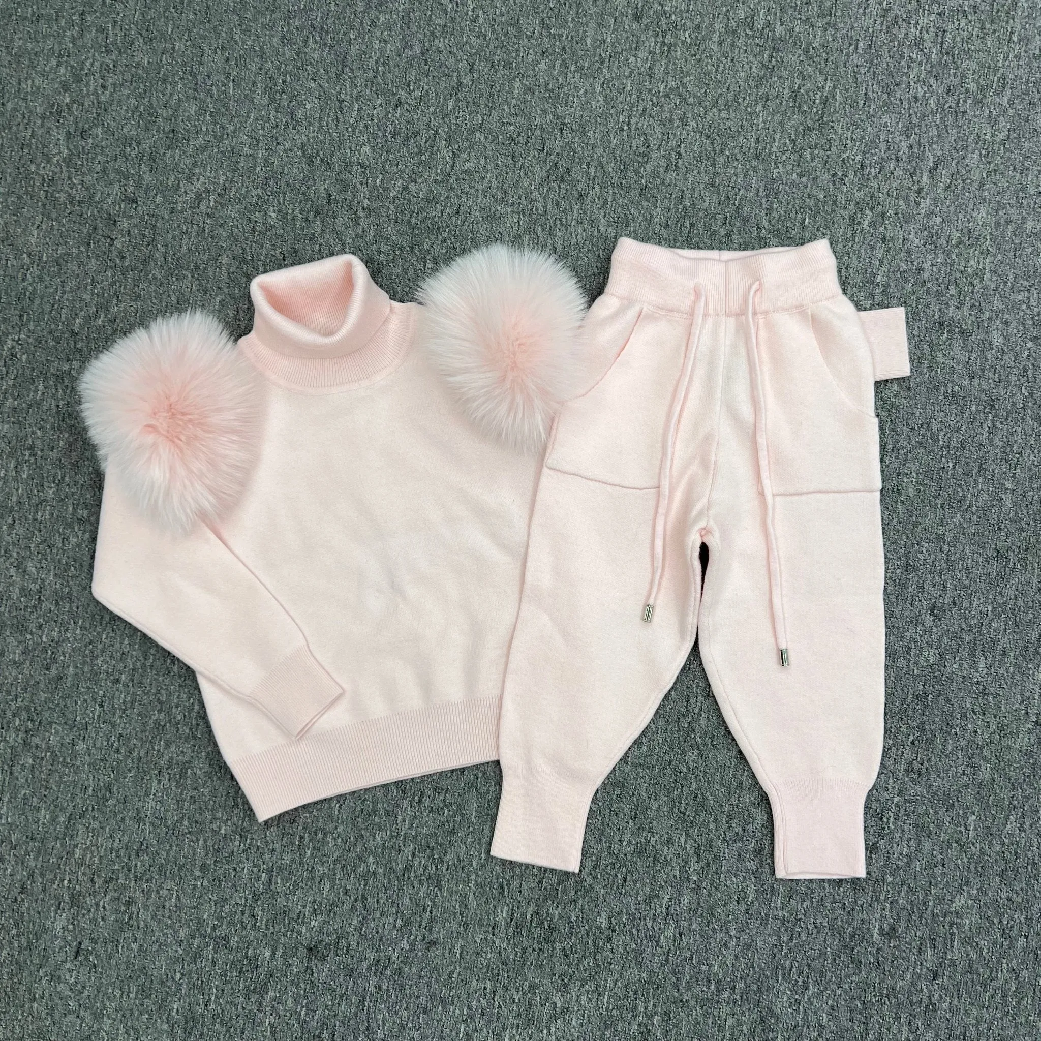 Childrens Baby Pink Luxury Fur Roll Neck Jogger Tracksuit