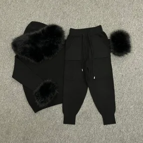 Childrens Black Premium Faux Fur Hood & Cuff Tracksuit