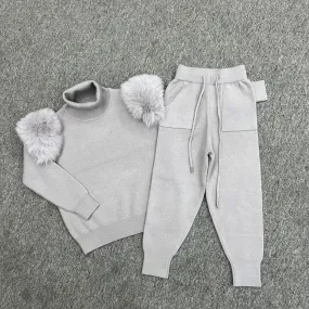 Childrens Light Grey Luxury Fur Roll Neck Jogger Tracksuit