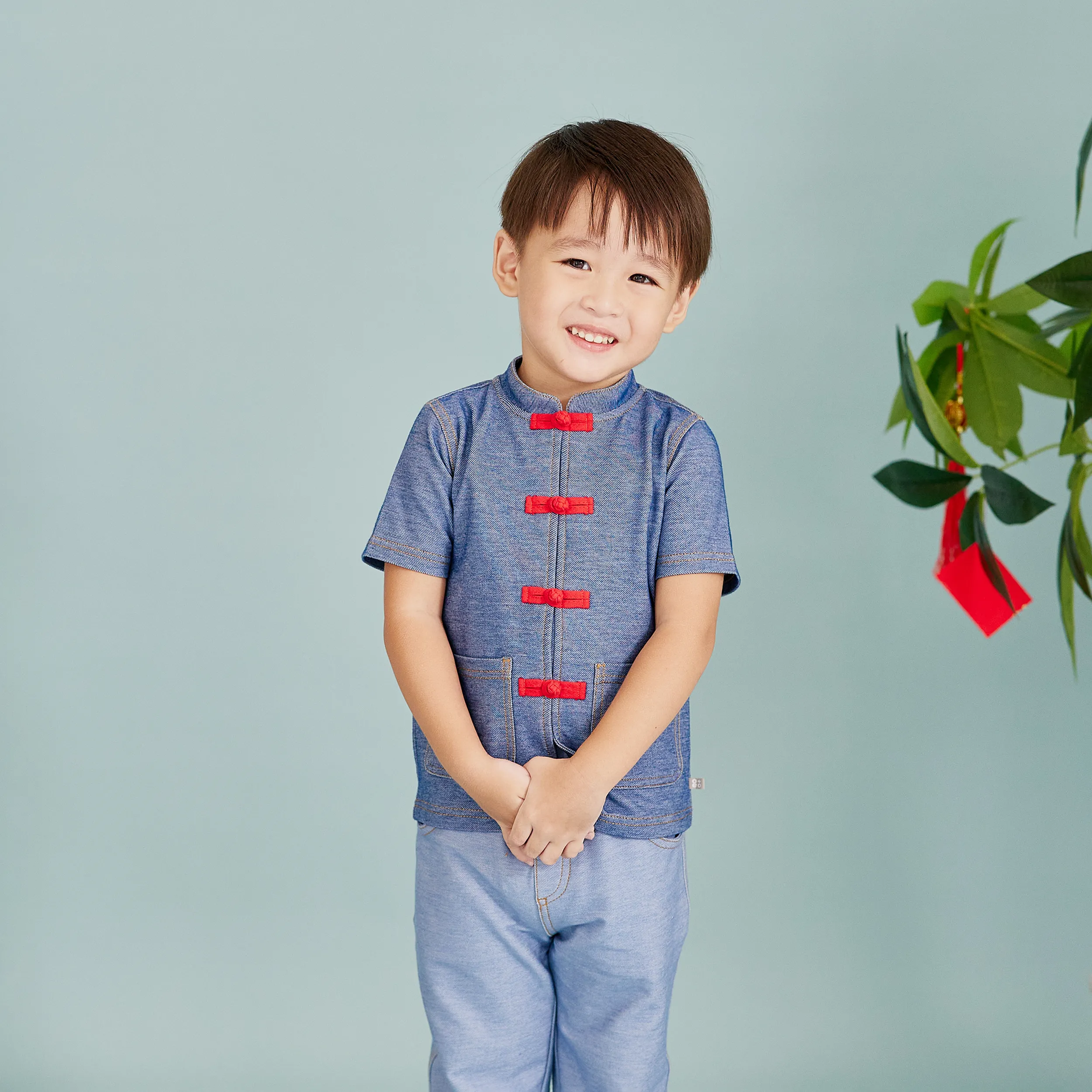 CNY Modern Blessings Toddler Kid Mandarin Shirt (Blue)