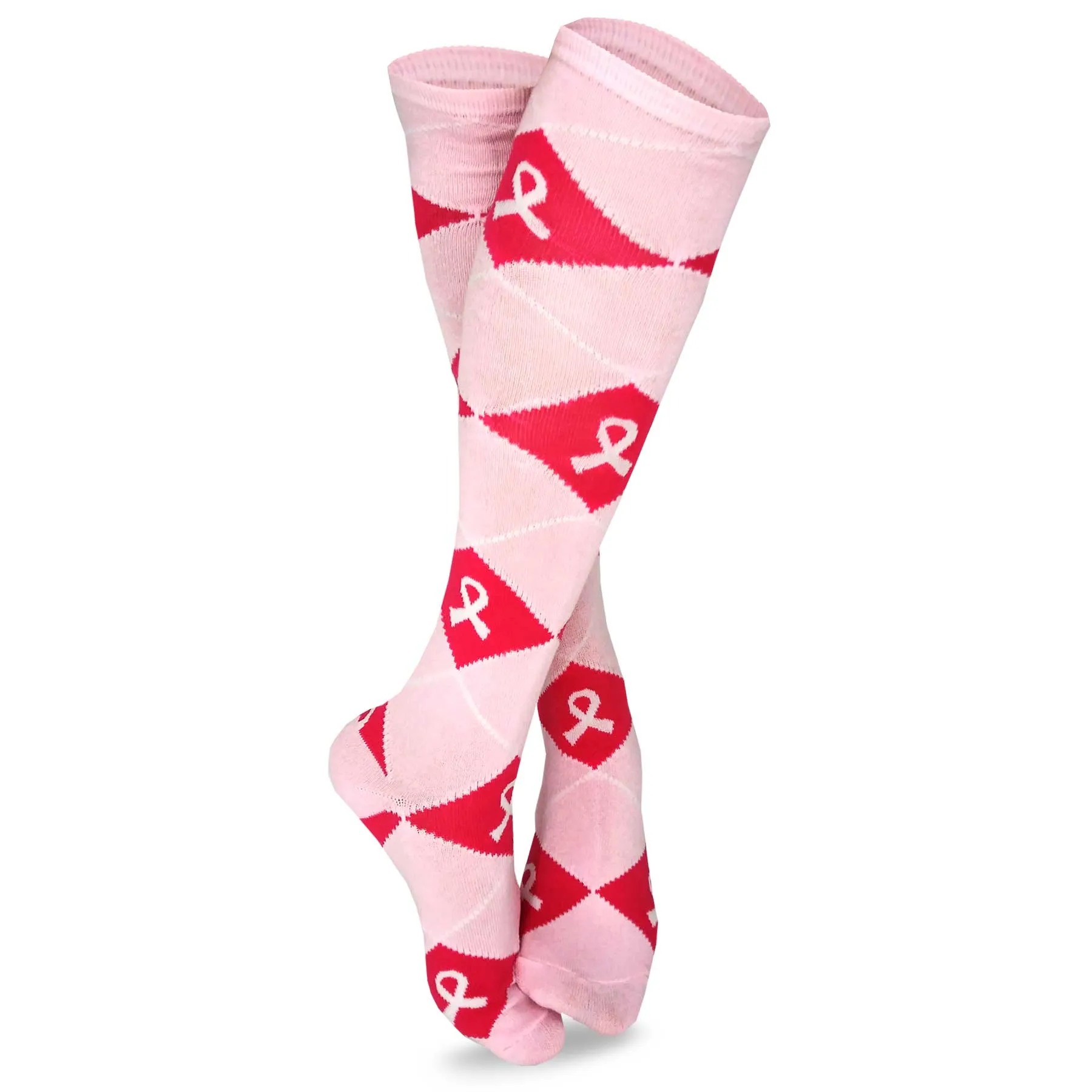 Cute Adorable Breast Cancer Awareness Cotton Knee High Socks for Women 3-Pair Argyle Pink Ribbon (H2134)