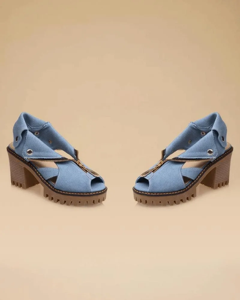 Denim Zipper Block Heel Sandals(Large size)