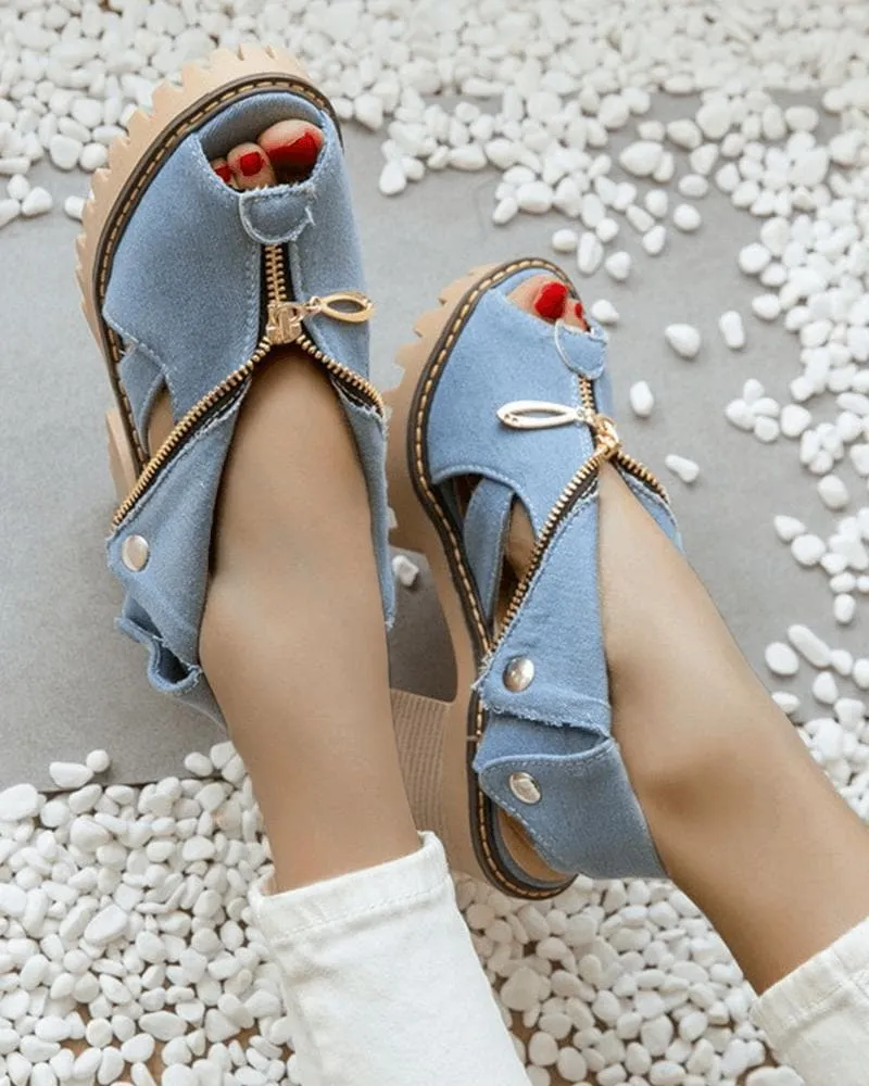 Denim Zipper Block Heel Sandals(Large size)