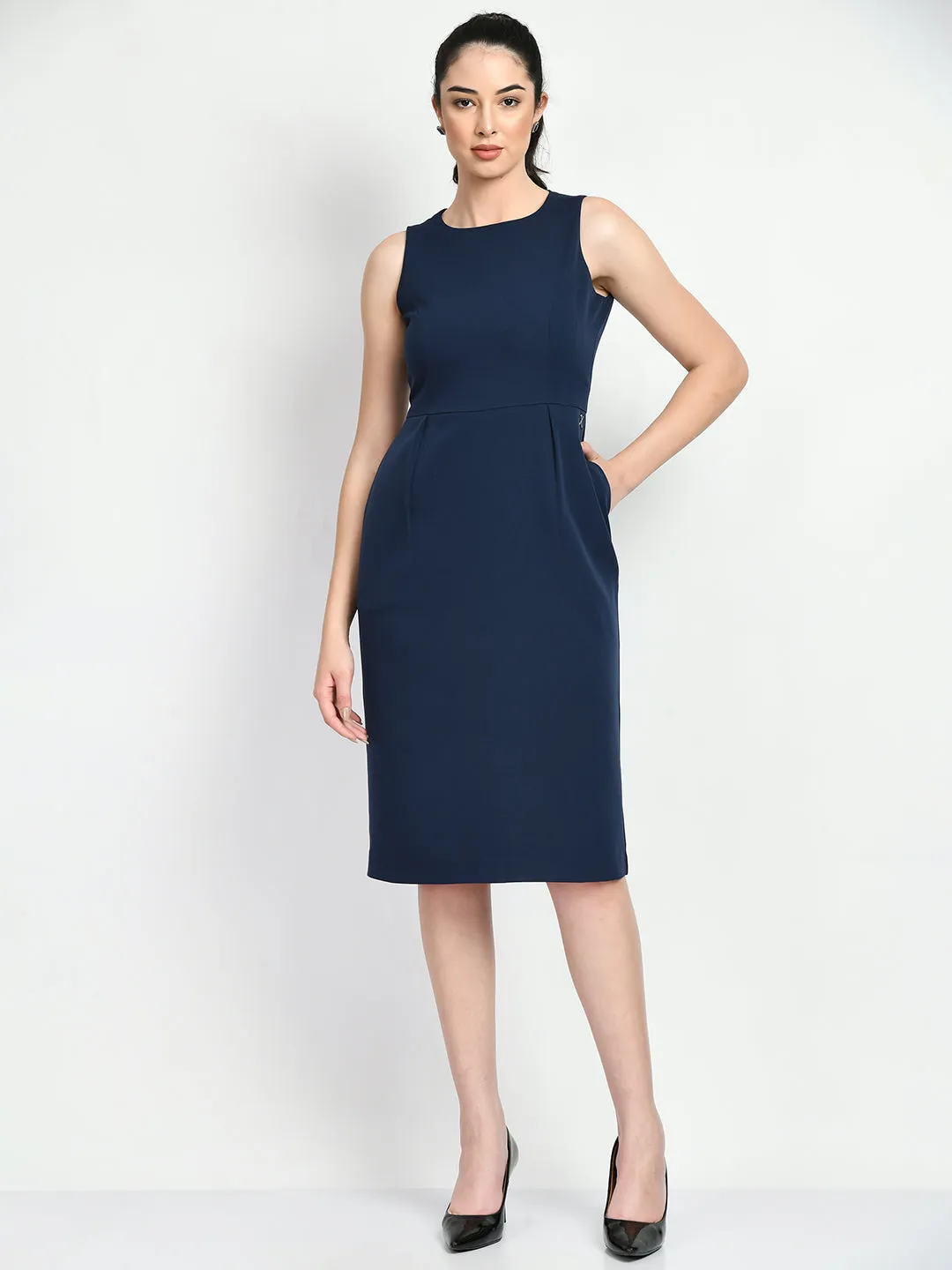 Exude Courage Sleeveless Sheath Dress (Navy)