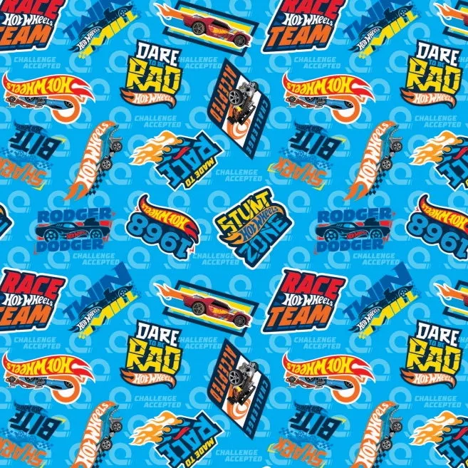 FS1189_2 Hot Wheels Challenge Accepted Badges Blue Cotton Fabric