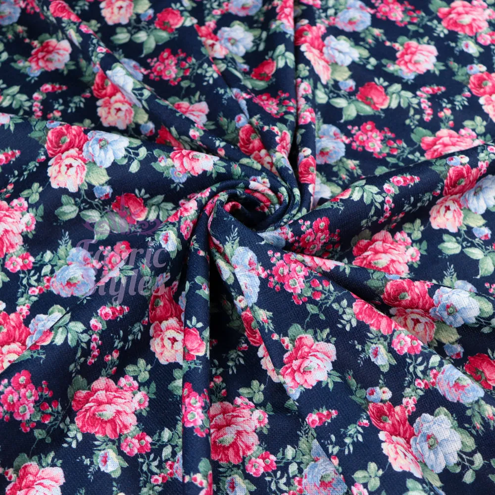 FS969 Navy Floral Stretch Knit Fabric