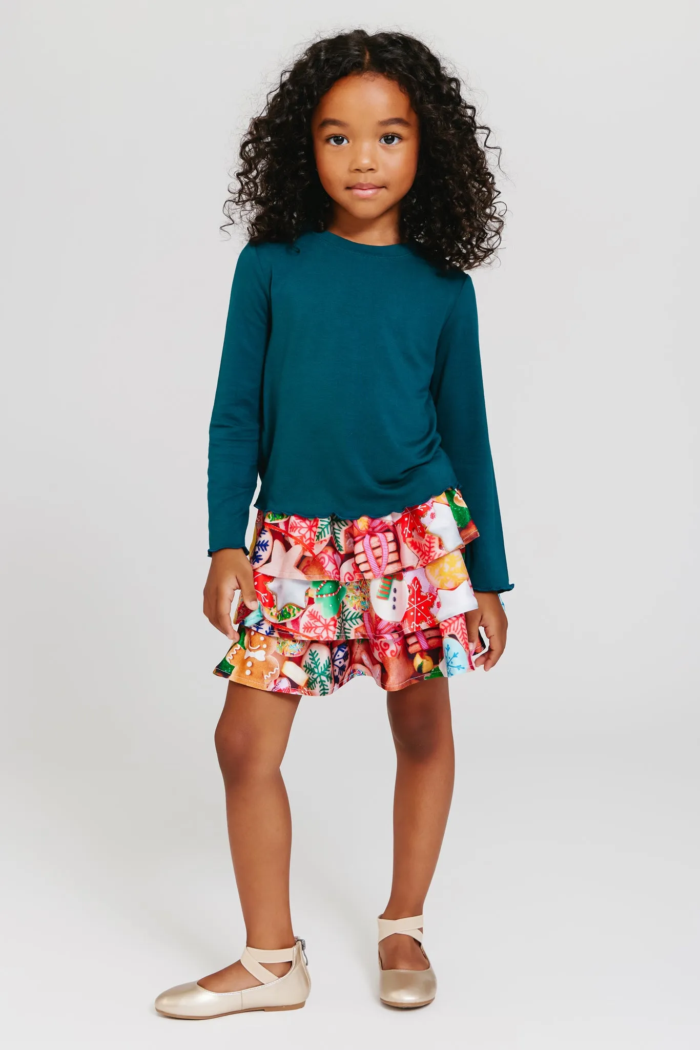 Girls Hi-Shine Tiered Skirt in Cookie Collage