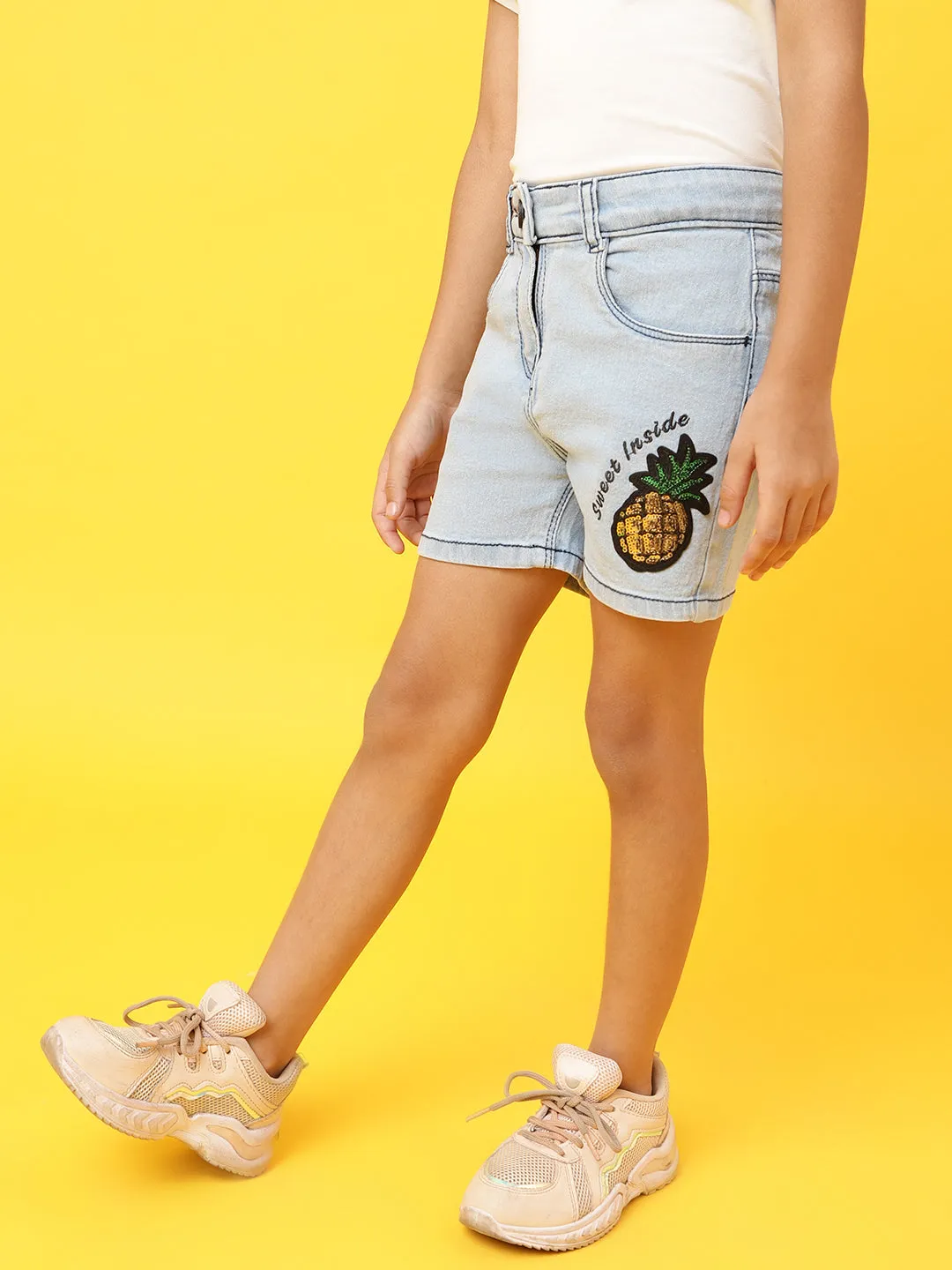 Girls Light Blue Pineapple Print Embroidered Shorts