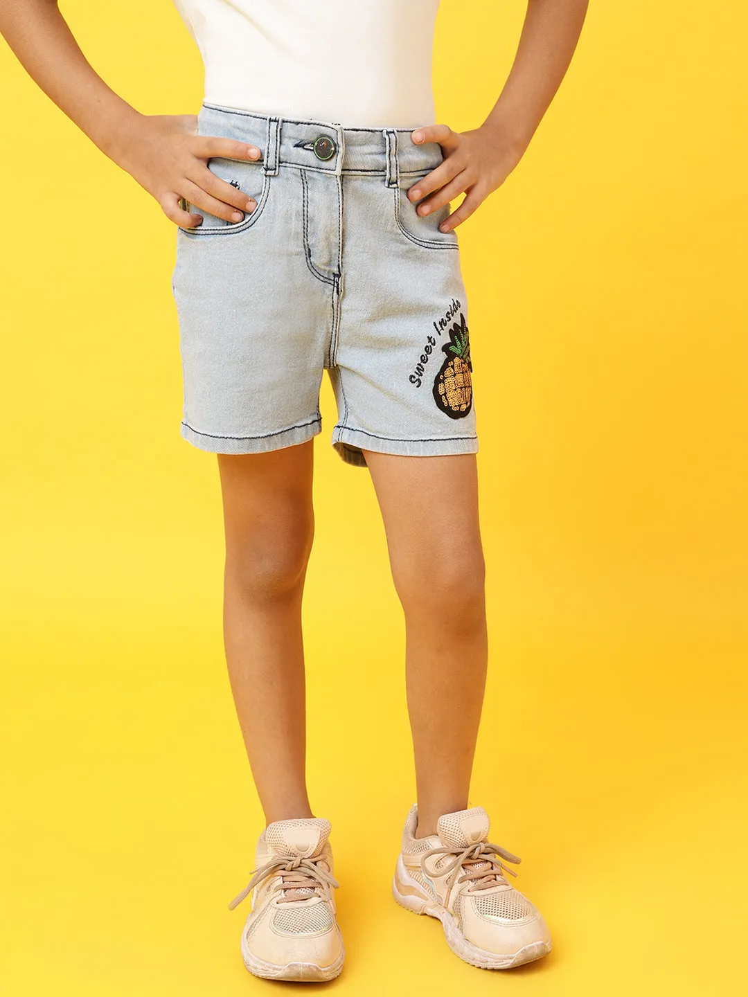 Girls Light Blue Pineapple Print Embroidered Shorts