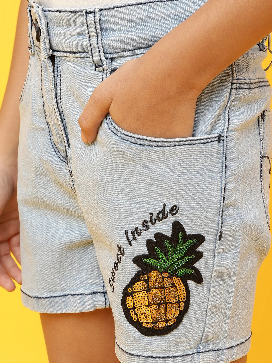 Girls Light Blue Pineapple Print Embroidered Shorts