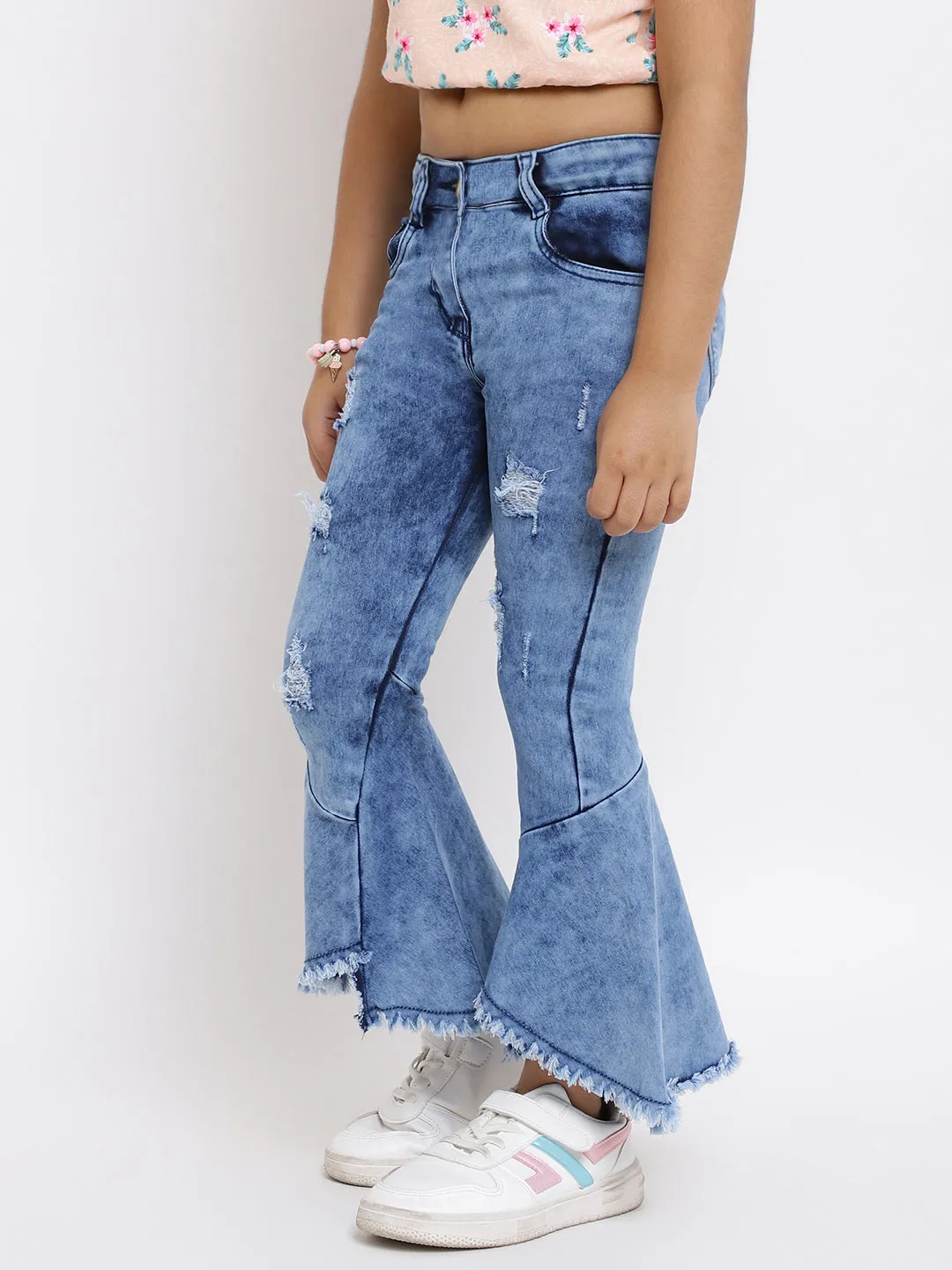 Girls Slim Fit Mid Blue Denim Jeans With  Flared