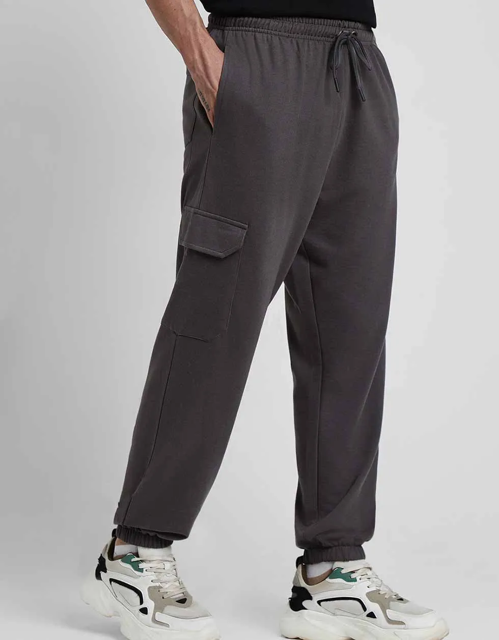 Grey Solid Baggy Fit Cargo Joggers