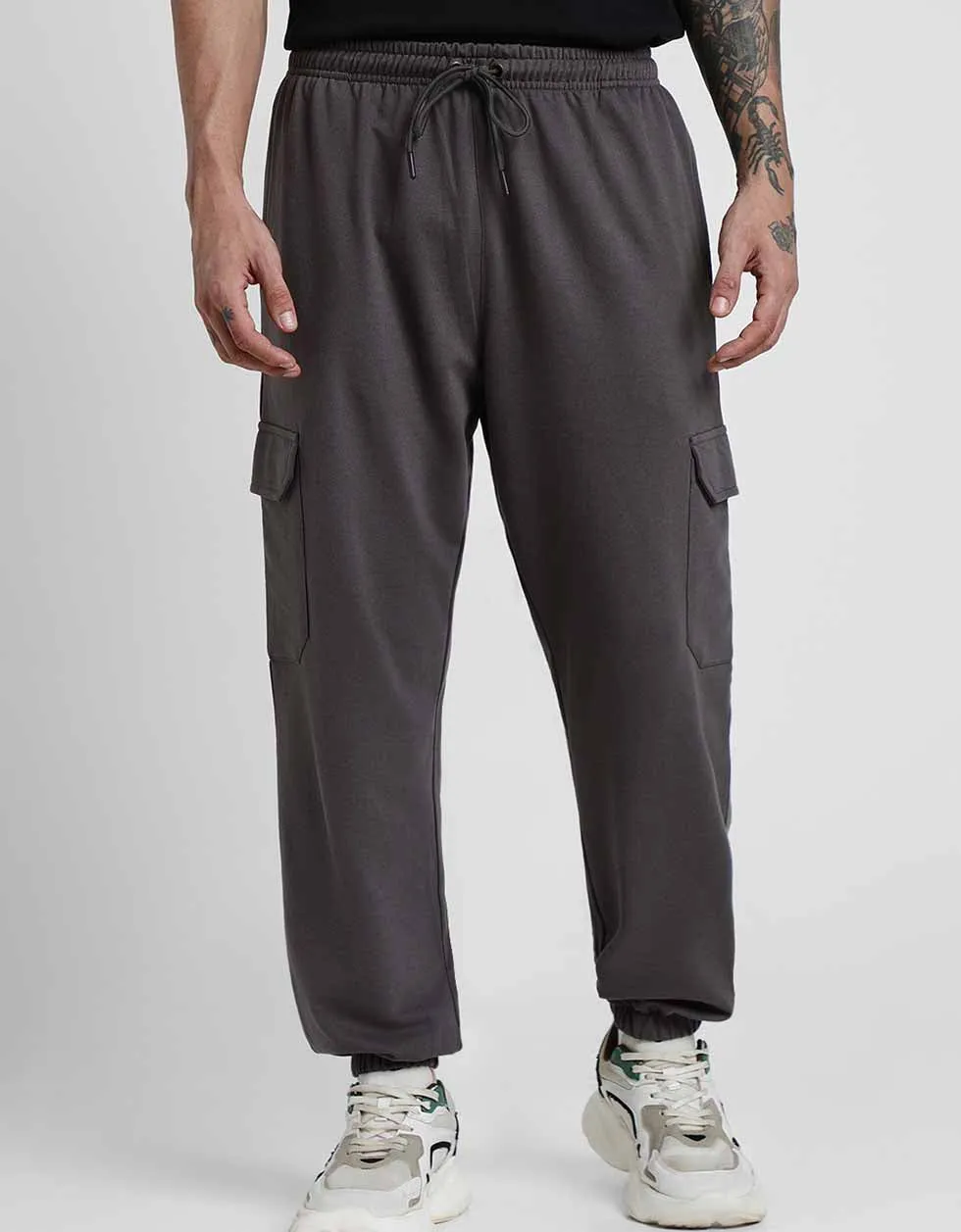 Grey Solid Baggy Fit Cargo Joggers