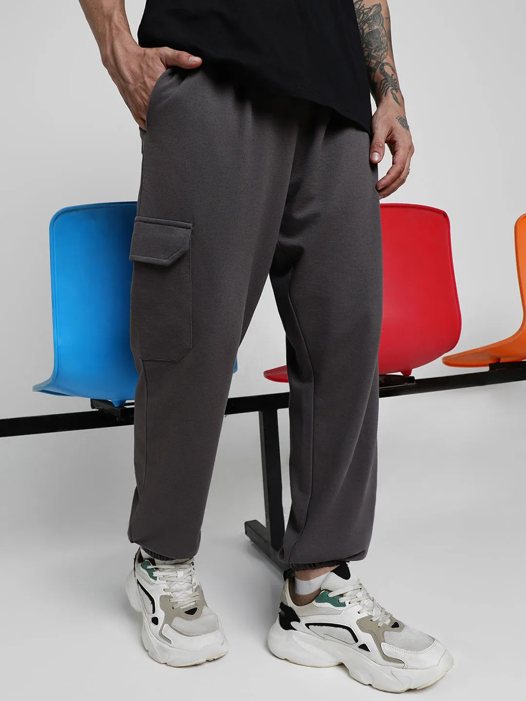 Grey Solid Baggy Fit Cargo Joggers