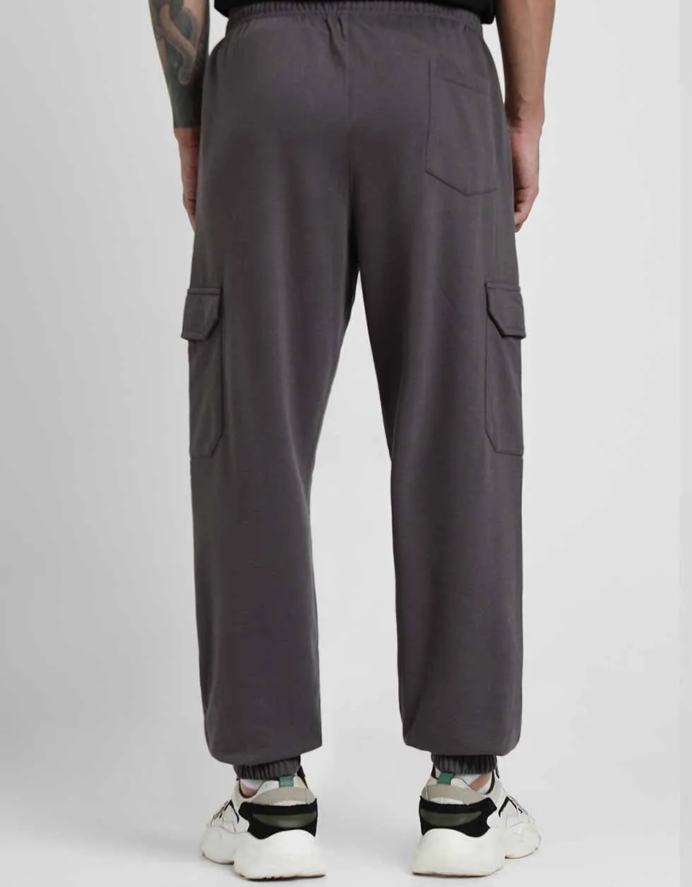 Grey Solid Baggy Fit Cargo Joggers