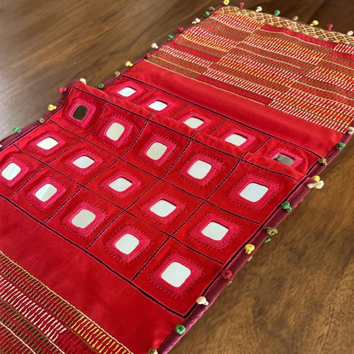 Hand Embroidered Mirror & Thread-Work Table Runners - Lambani Table Runners in Scarlet