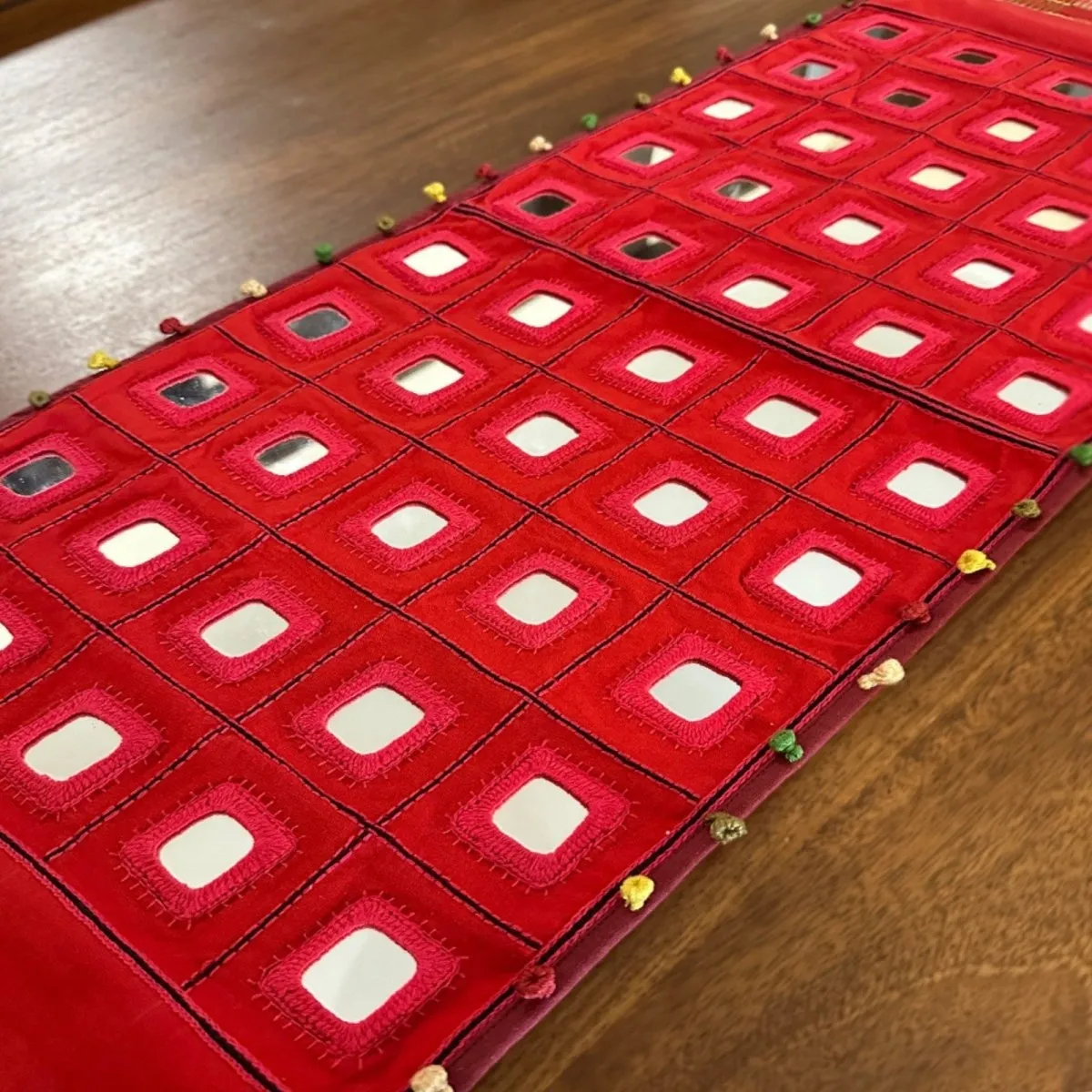 Hand Embroidered Mirror & Thread-Work Table Runners - Lambani Table Runners in Scarlet